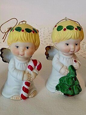 Vintage Bisque Porcelain Angel Figurine Ornaments. Made in Taiwan. Set Of Four